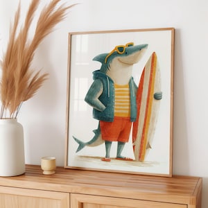 Surfer Shark Wall Art, Printable Shark Nursery Decor, Beach Ocean Themed Kids Room Poster, Cool Animal Art for Boys Room