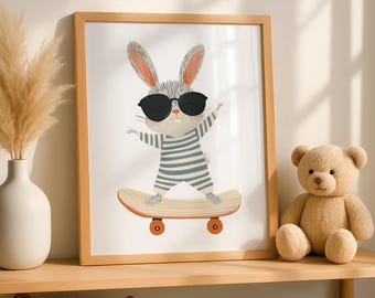 May include: A framed print featuring a cartoon rabbit wearing sunglasses and striped clothing, skateboarding. The artwork is in a light wood frame and is displayed on a wooden shelf with a teddy bear, a vase with pampas grass, and a woven basket.