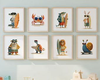 Beach Coastal Animal Art Prints, Kids Nursery Decor, Surfer Skater Animals (Digital Download)