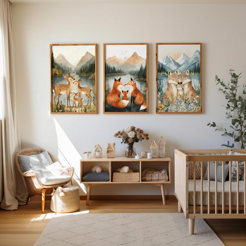 Woodland Animal Wall Art Set of 3, Fox Deer Wolf Nursery Prints, Boho ...