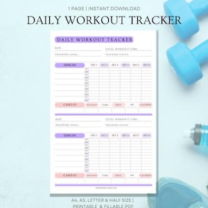 Rastreador de ejercicios imprimible, registro diario de ejercicios, planificador de ejercicios, planificador de fitness, tamaño A4/A5/Carta/Media página, para descarga instantánea