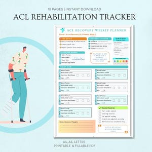 Peut inclure: Un suivi de rééducation ACL imprimable avec une mise en page de planificateur hebdomadaire. La conception comprend des sections pour les objectifs, les exercices, un journal quotidien et une liste de contrôle hebdomadaire. Le texte indique "ACL REHABILITATION TRACKER".