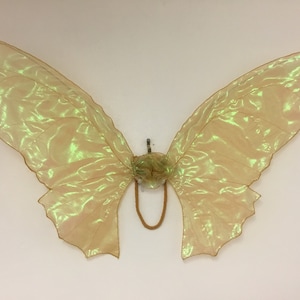 Puede incluir: Alas de mariposa iridiscentes en tonos dorados y verdes, con centro y correas marrones. Las alas están hechas de una tela transparente y brillante, y están diseñadas para ser usadas. Las alas cuelgan de una pared blanca.
