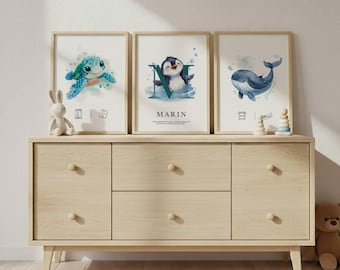 Set of 3 birth posters | Personalized birth poster with animals | Personalized child's first name poster | Baby birth poster