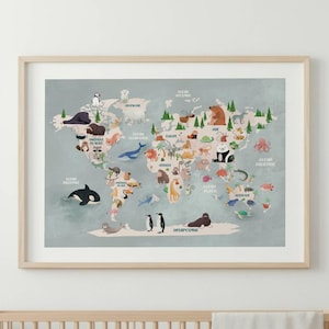 Plakat z mapą świata zwierząt | zwierzęta świata | mapa świata dziecka | plakat mapa zwierzęta świata dekoracja pokoju dziecięcego