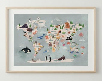 Tierweltkarte Poster | Tiere der Welt | Kinderweltkarte | Welttierkartenposter zur Kinderzimmerdekoration