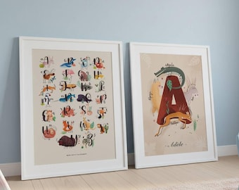 Personalized animal duo poster, ABCDaire, children's wall decoration, initial poster, birth gift