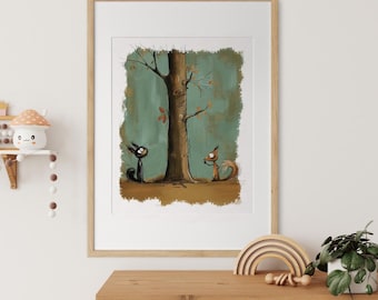 Rabbit and squirrel poster | Friends illustration | Squirrel wall decoration | Children's decorative poster | Animal art print | Gift idea