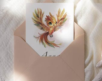 Personalized child's first name poster, Phoenix illustration, Children's wall decoration, premature gift, digital printing