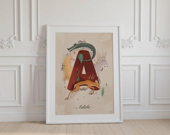 Personalized children's poster, Initial illustration, Children's wall decoration, Poster animal poster, animal illustration, children's frame