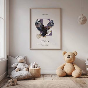 Póster infantil personalizado, Letra inicial decorativa, Decoración pared infantil, Póster inicial infantil, ilustración águila, animales