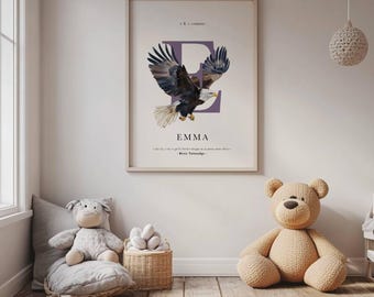 Personalized children's poster, Decorative initial letter, Children's wall decoration, Children's initial poster, eagle illustration, animals