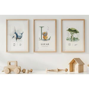Set mit 3 Geburtspostern | Personalisiertes Geburtsposter mit Tieren | Personalisiertes Poster mit Vornamen des Kindes | Poster zur Geburt eines Babys
