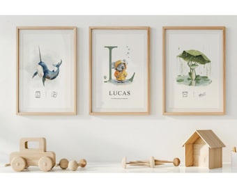 Set of 3 birth posters | Personalized birth poster with animals | Personalized child's first name poster | Baby birth poster