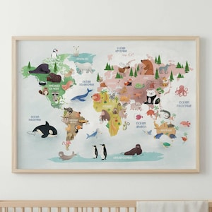 Dierenwereldkaartposter | dieren van de wereld | kinderwereldkaart | poster kaart dieren van de wereld decoratie kinderkamer