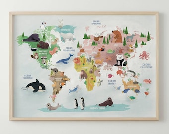 Animal world map poster | animals of the world | children's world map | world animal map poster for children's room decoration