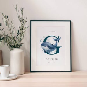 Póster infantil personalizado, Ilustración inicial, Decoración de pared infantil, Póster de animales, ilustración de ballena, marco infantil