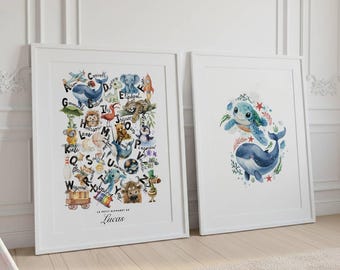 Personalized animal duo poster, ABCDaire, Children's wall decoration, Whale-turtle poster, birth gift