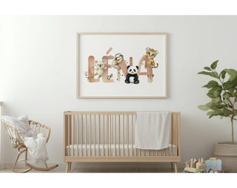 Personalized First Name Illustration | Animal First Name Poster | Birth Gift | Children's Room Poster | Baby Wall Decoration |