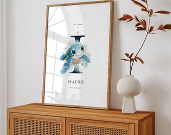 Personalized children's poster, Initial illustration, Sea turtle wall decoration, Animal poster, Turtle illustration