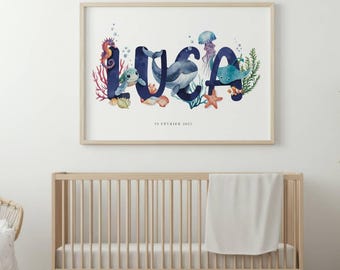 Personalized First Name Illustration | Animal First Name Poster | Birth Gift | Children's Room Poster | Ocean Animals Illustration |