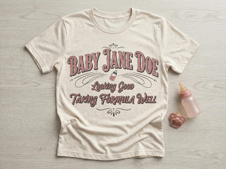 The pitt Baby Jane Doe funny slogan t shirt with baby bottle graphic, cream graphic tee flat lay with baby bottle and pacifier props on wooden background, styled product image highlighting vintage typography humor design inspired by the pitt aesthetic and modern casual fashion trend