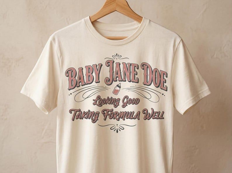 The Pitt Baby Jane Doe funny slogan t shirt with baby bottle graphic, cream graphic tee hanging on wooden hanger against neutral background, clean minimal product image showcasing vintage typography humor design inspired by the pitt aesthetic and modern casual fashion trend