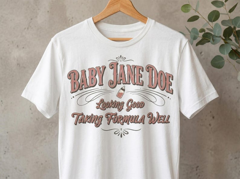 The Pitt Baby Jane Doe funny slogan t shirt with baby bottle graphic, white graphic tee hanging on wooden hanger with minimal decor background, clean product display image highlighting vintage typography humor design inspired by the pitt aesthetic and modern casual fashion trend