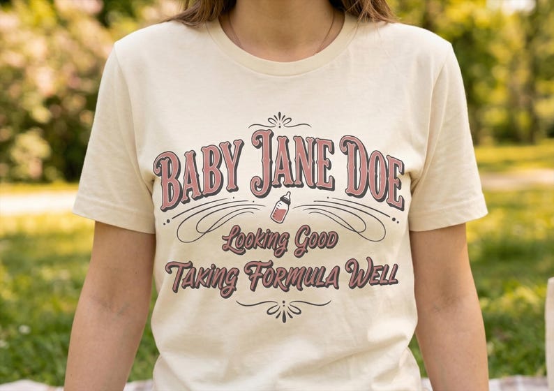 The Pitt Baby Jane Doe funny slogan t shirt with baby bottle graphic, woman wearing cream graphic tee outdoors in sunny park setting, casual lifestyle image with soft natural background, vintage typography humor design inspired by the pitt aesthetic and modern everyday fashion trend