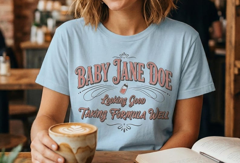 The Pitt Baby Jane Doe funny slogan t shirt with baby bottle graphic, woman wearing soft blue graphic tee in cozy coffee shop holding latte, aesthetic lifestyle image with vintage typography humor design inspired by the pitt trend and casual everyday fashion style
