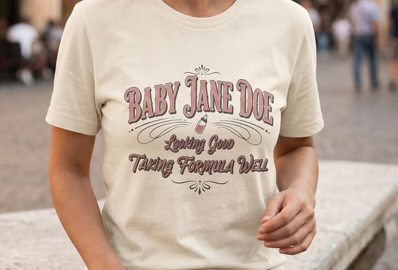 The Pitt Baby Jane Doe funny slogan t shirt with baby bottle graphic, woman wearing soft cream graphic tee walking outdoors, casual lifestyle street photo with vintage typography humor design inspired by the pitt aesthetic and modern everyday fashion style