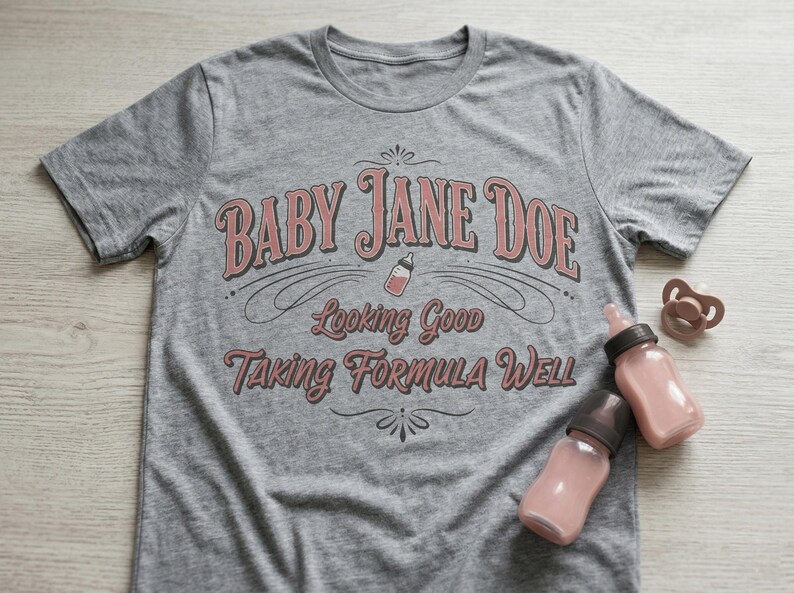 The Pitt Baby Jane Doe funny slogan t shirt with baby bottle graphic, gray graphic tee flat lay with baby bottles and pacifier props on wooden background, styled product image highlighting vintage typography humor design inspired by the pitt aesthetic and modern casual fashion trend
