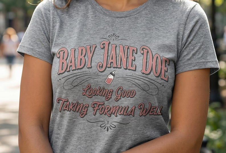 The Pitt Baby Jane Doe funny slogan t shirt with baby bottle graphic, woman wearing trendy gray graphic tee outdoors, casual lifestyle image with soft natural light, vintage typography humor shirt inspired by the pitt aesthetic and everyday street style fashion trend