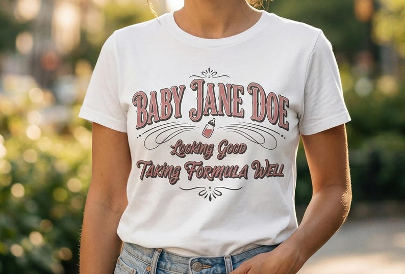 The Pitt Baby Jane Doe funny slogan t shirt with baby bottle graphic, woman wearing classic white graphic tee outdoors in soft sunlight, casual lifestyle image with vintage typography humor design inspired by the pitt aesthetic and modern everyday fashion trend