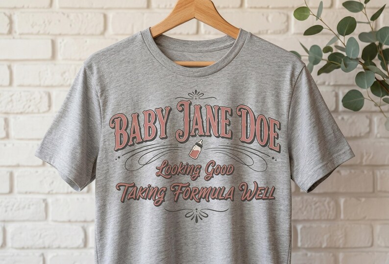 The pitt Baby Jane Doe funny slogan t shirt with baby bottle graphic on gray tee, hanging on wooden hanger against white brick wall, trendy vintage typography design, humorous mom shirt gift, casual unisex graphic tee for everyday wear, soft neutral aesthetic