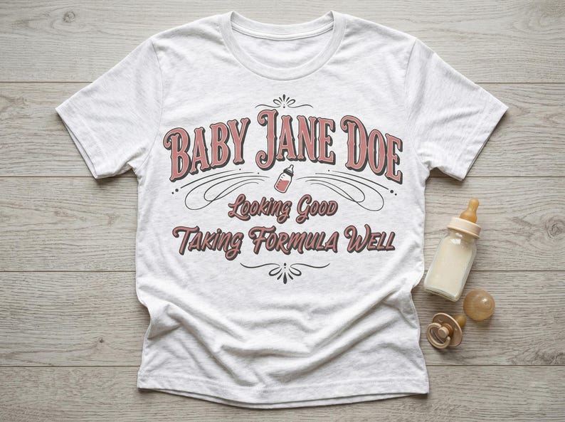 The Pitt Baby Jane Doe funny slogan t shirt with baby bottle graphic, white graphic tee flat lay with baby bottle and pacifier props on wooden background, styled product image highlighting vintage typography humor design inspired by the pitt aesthetic and modern casual fashion trend