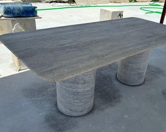 Custom Travertine Dining Table: Rectangular Stone Table with Round Legs