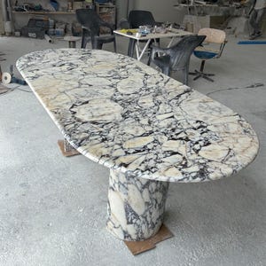 Oval Calacatta Viola Dining Table, Living Room Marble Table, Handcrafted Natural Stone Marble Kitchen Table, Half Moon Marble Table Leg