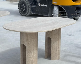 Travertine Oval Dining Table, Modern Stone Dinette, Customizable