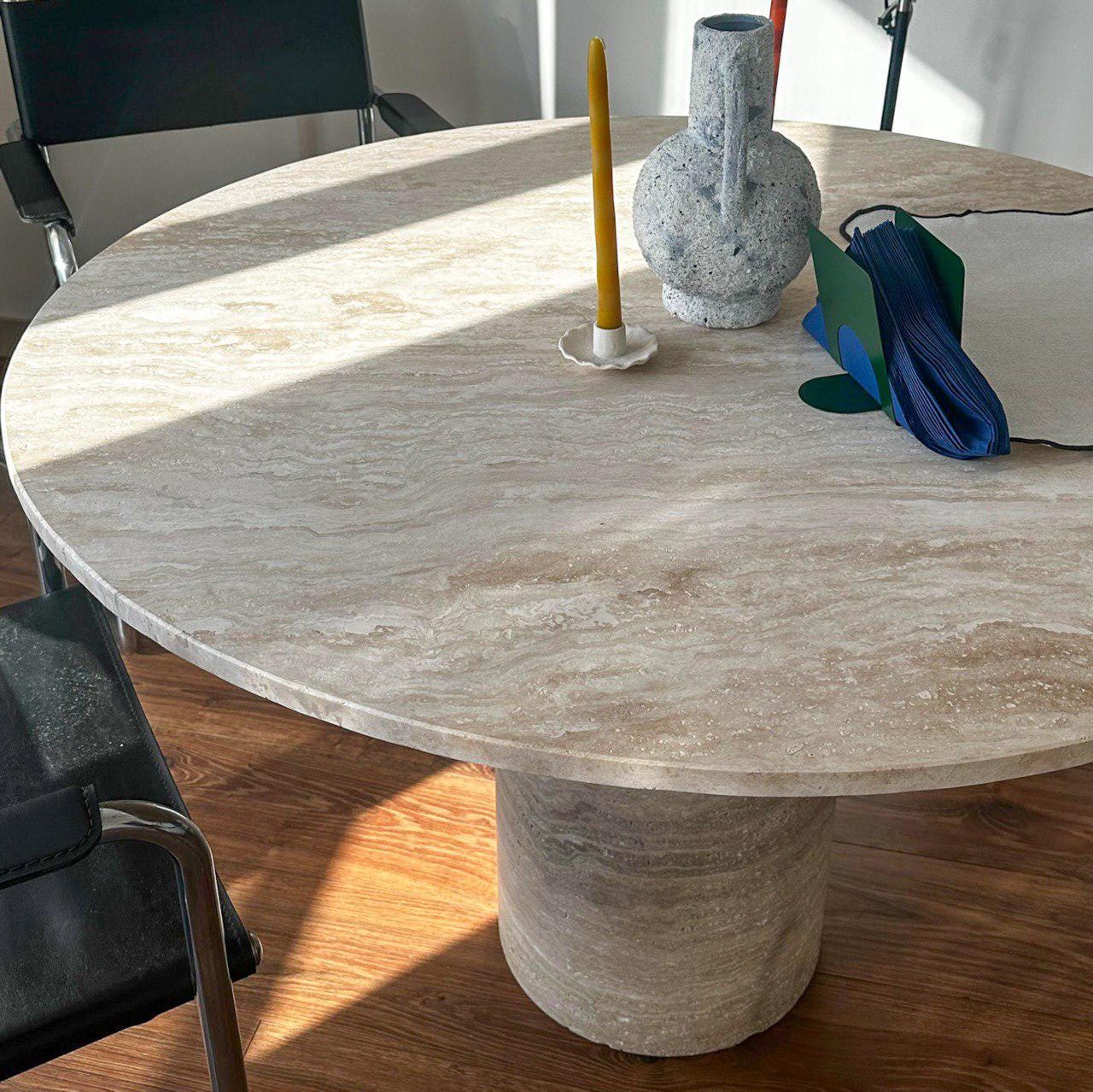 Handmade Round Travertine Dining Table, Natural Marble Stone Kitchen ...