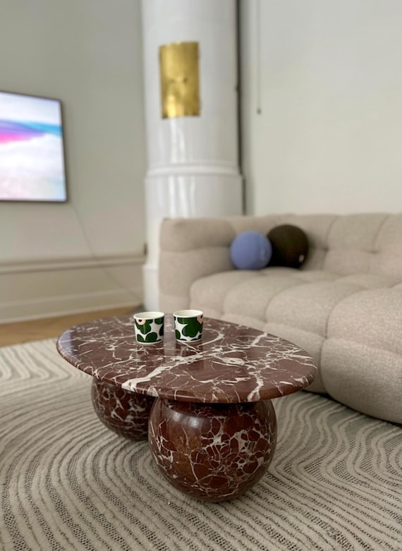 Rosso Levanto Marble Coffee Table, Burgundy Oval Center Table