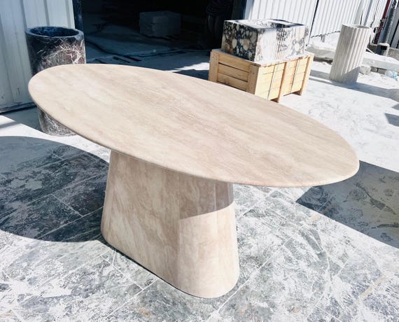 Oval Beige Travertine Coffee Table - Natural Marble Center Table