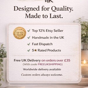 May include: Image featuring the text "MAX3D UK" in a colorful, 3D style, with the tagline "Designed for Quality. Made to Last." Additional text highlights the seller's Etsy ranking, handmade status, fast dispatch, and 5-star rated products.