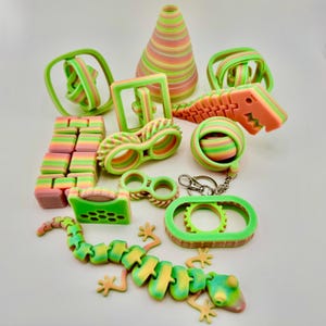 Könnte beinhalten: Eine Sammlung farbenfroher, 3D-gedruckter Zappelspielzeuge in verschiedenen Formen, darunter eine Eidechse, ein Kegel und ineinandergreifende Formen. Die Spielzeuge weisen einen Farbverlauf aus Grün, Gelb, Orange und Rosa auf. Einige haben einen Schlüsselanhänger.