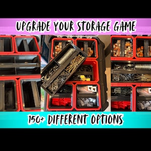 Puede incluir: Contenedores de almacenamiento negros y rojos con múltiples compartimentos, llenos de diversos herrajes y piezas pequeñas. La imagen incluye el texto "UPGRADE YOUR STORAGE GAME" y "150+ DIFFERENT OPTIONS".
