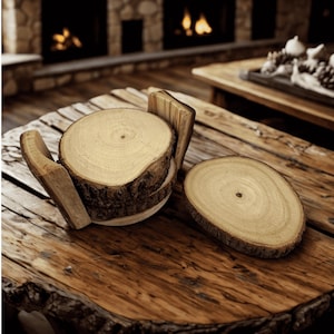 Personalized Wood Slice Coaster Set: Rustic Engraved Natural Bark Edge
