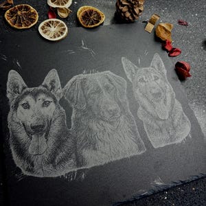 May include: A black slate serving board with three dog portraits etched into the surface. The dogs are a German Shepherd, a Golden Retriever, and another German Shepherd. Dried citrus slices and a pine cone are in the background.