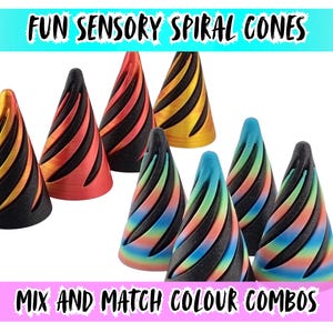 May include: A collection of spiral cones in various colors, including yellow, red, blue, and rainbow hues. The cones have a black base with colorful spiral designs. Text at the top reads "FUN SENSORY SPIRAL CONES" and at the bottom "MIX AND MATCH COLOUR COMBOS".