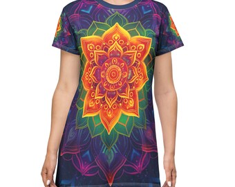 Golden Lotus Short-Sleeve T-Shirt Dress, Festival Dress, Party Dress, Rave Dress, Spiritual Dress, Yoga Dress, Lotus Dress, Mandala Dress