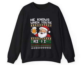 Sudadera divertida de Papá Noel con cerveza, suéter navideño feo con humor sobre alcohol, cuello redondo con bebida
